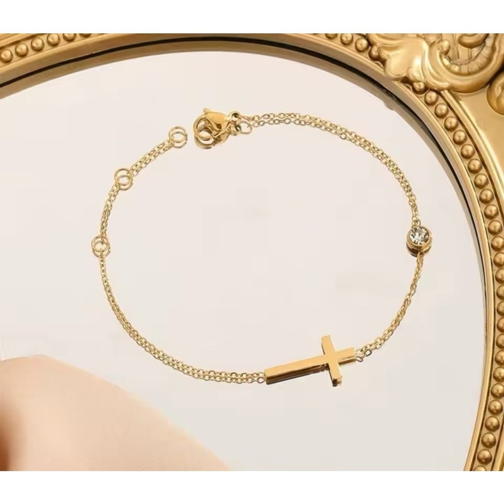 Cross Bracelet‎ 14k Gold Overlay Chain Diamond 💎 Simulate Charm Gift 7in